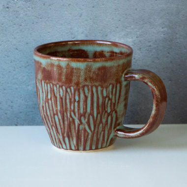 Hand thrown Carved Ceramic Shino stoneware 12oz Mug