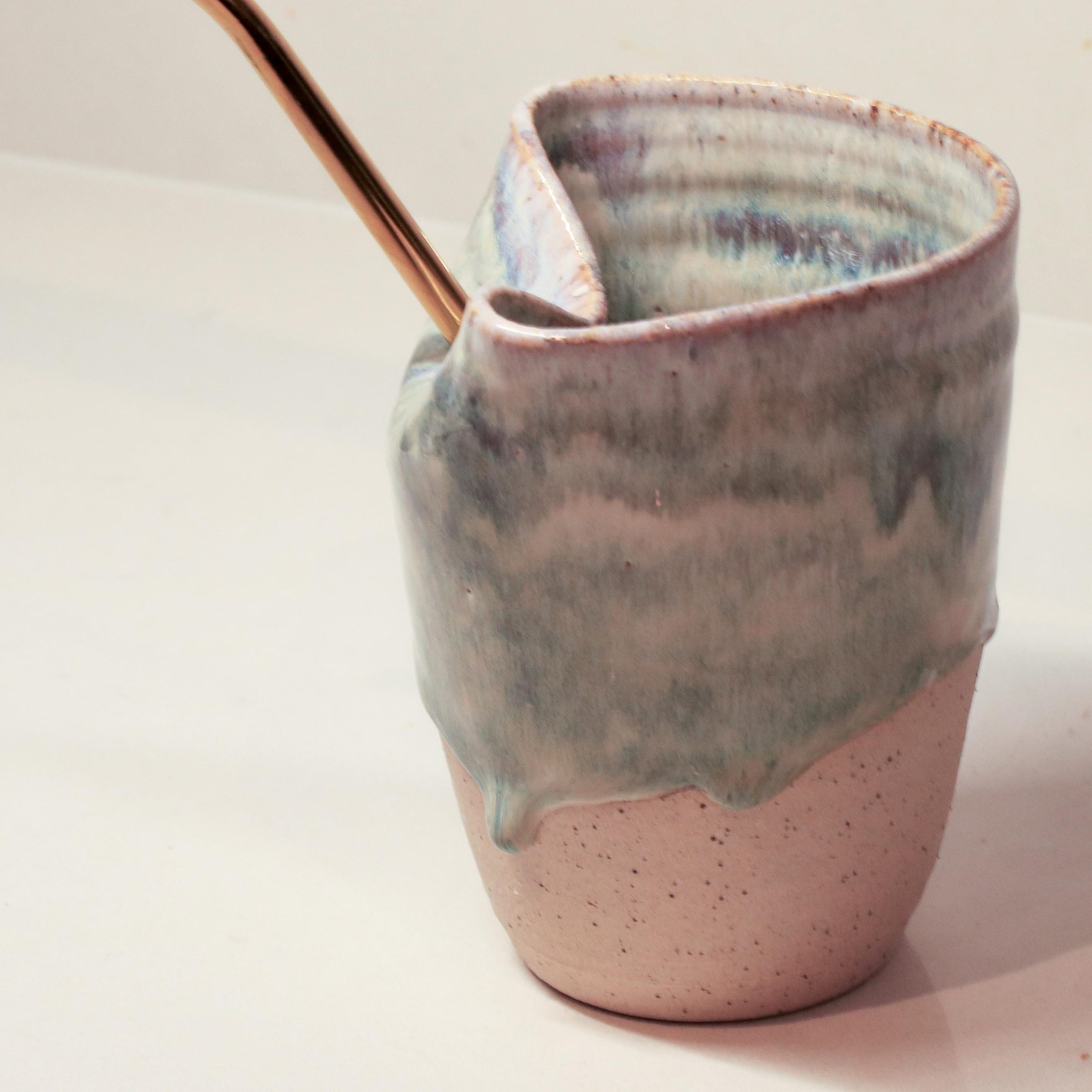 Hand thrown Ceramic Blue Glaze Sippy Cup with metal straw - Image 6