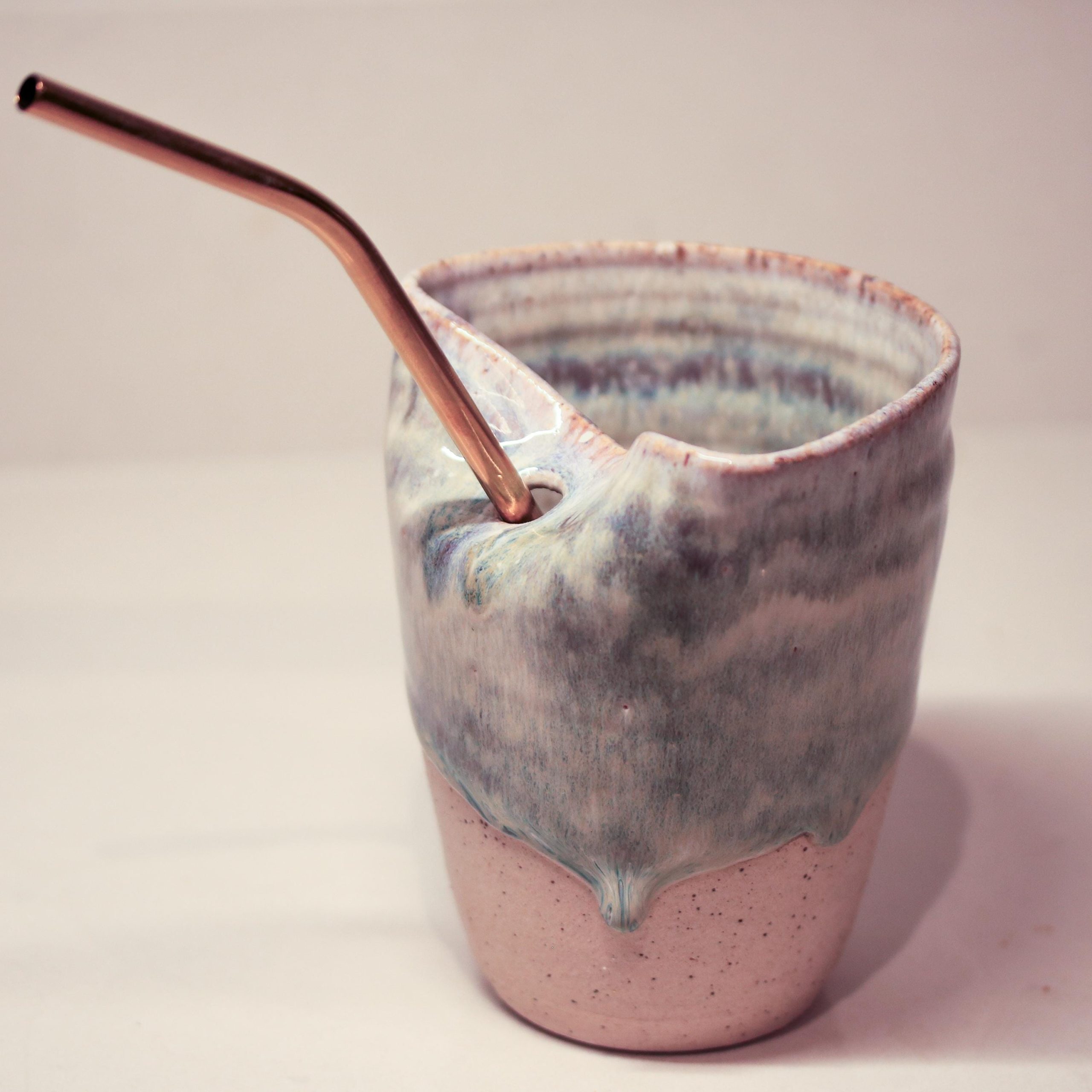 Hand thrown Ceramic Blue Glaze Sippy Cup with metal straw - Image 3