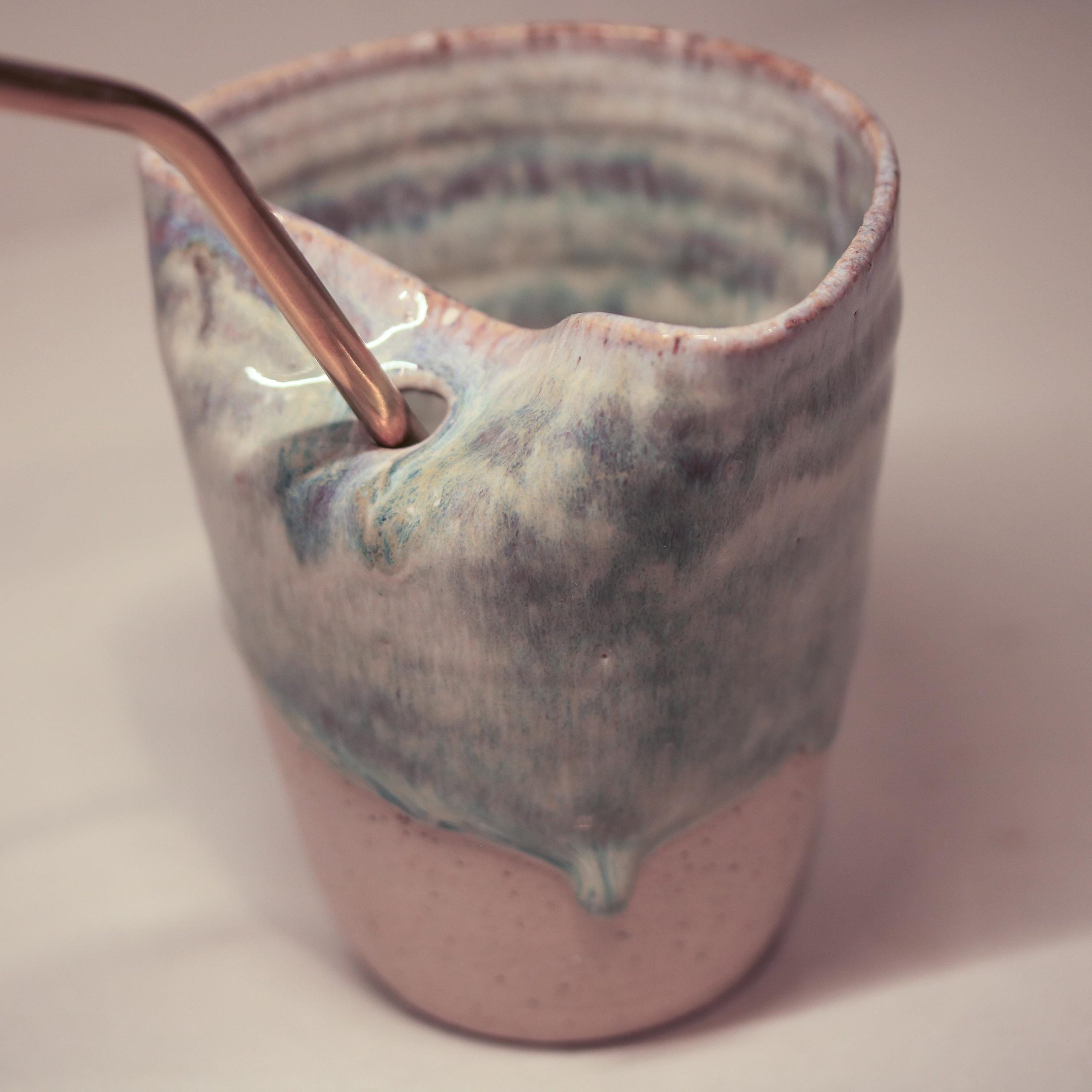 Hand thrown Ceramic Blue Glaze Sippy Cup with metal straw