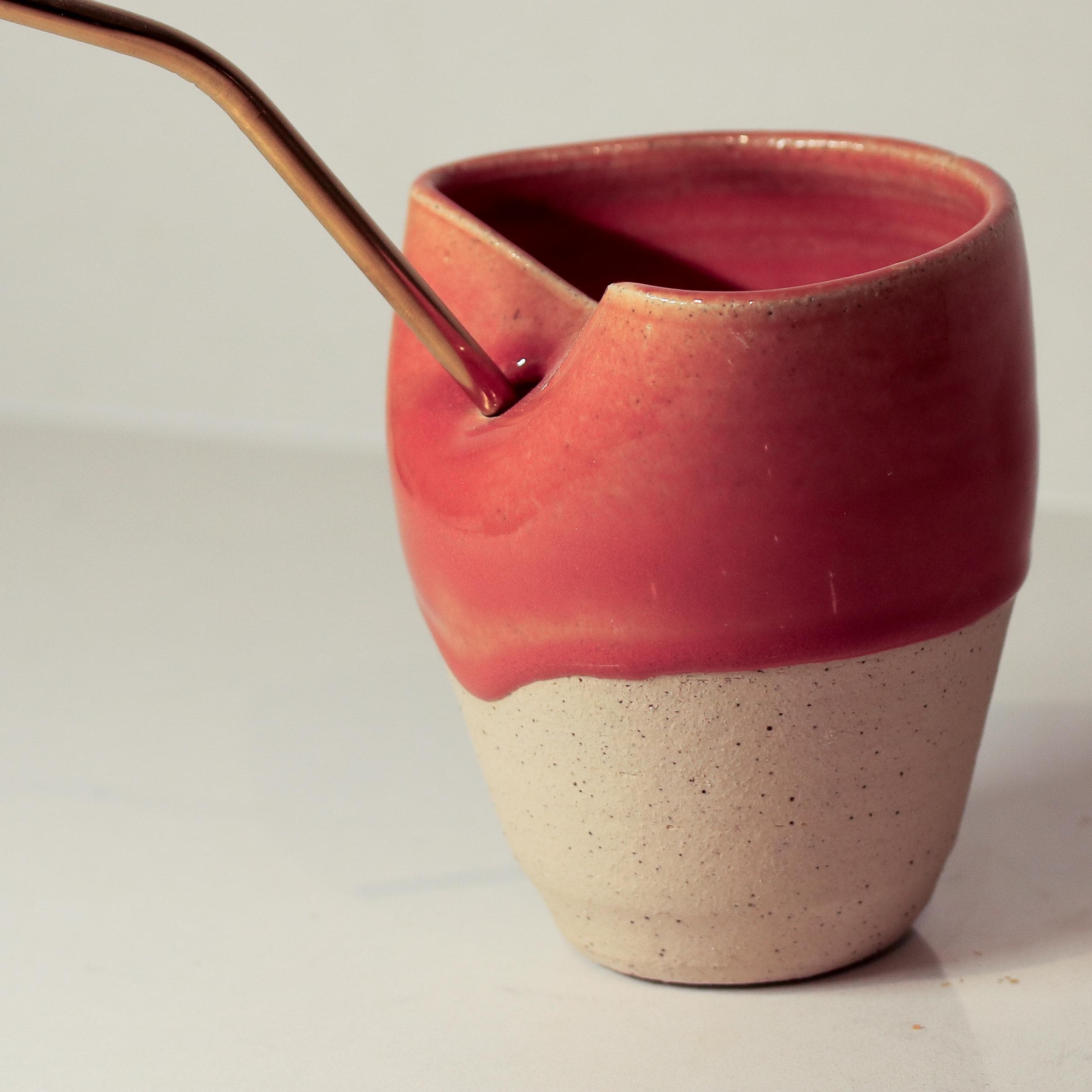 Hand thrown Ceramic Burnt orange Glaze Sippy Cup with metal straw - Image 2