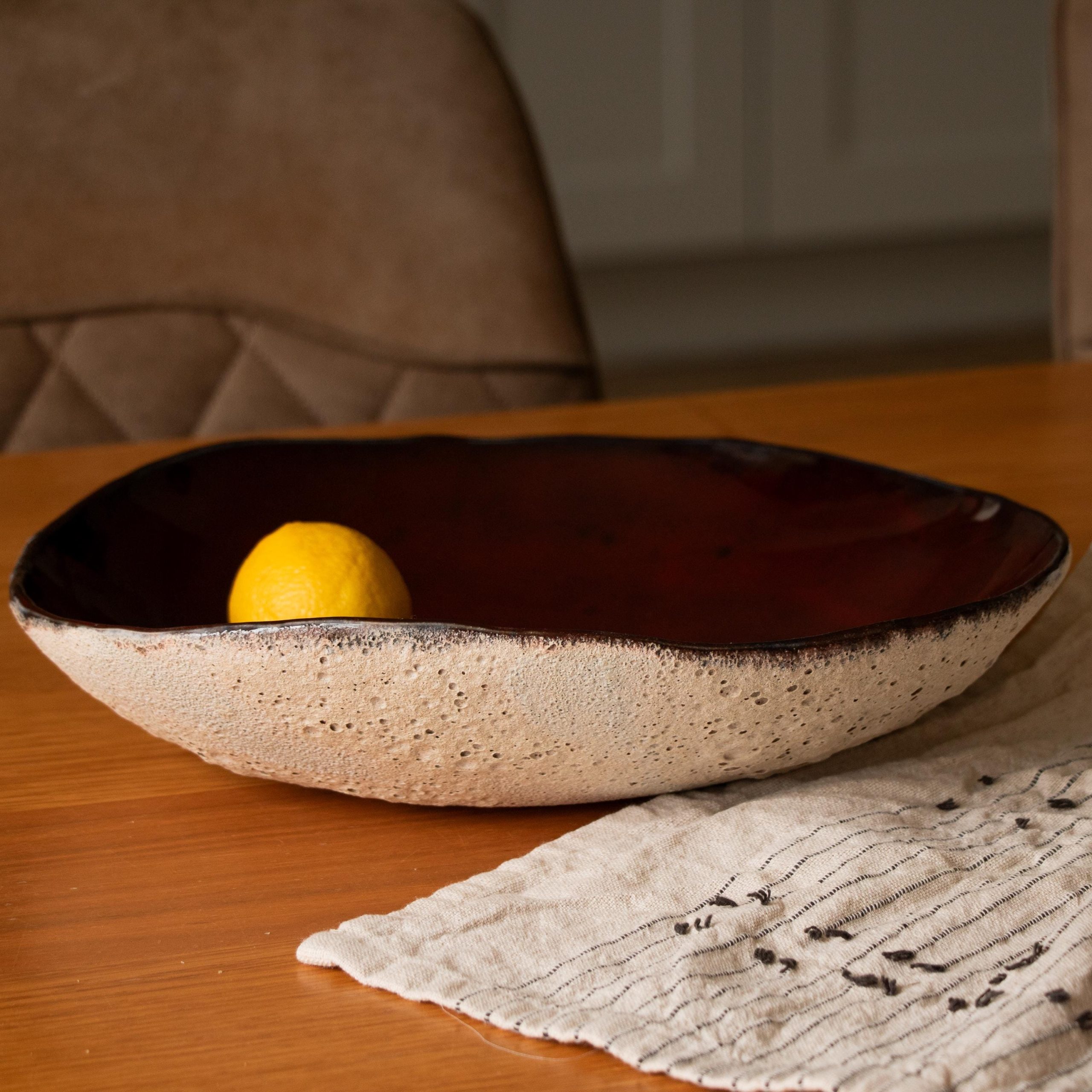 Handmade Brick Red asymmetric ceramic fruit bowl - Image 2