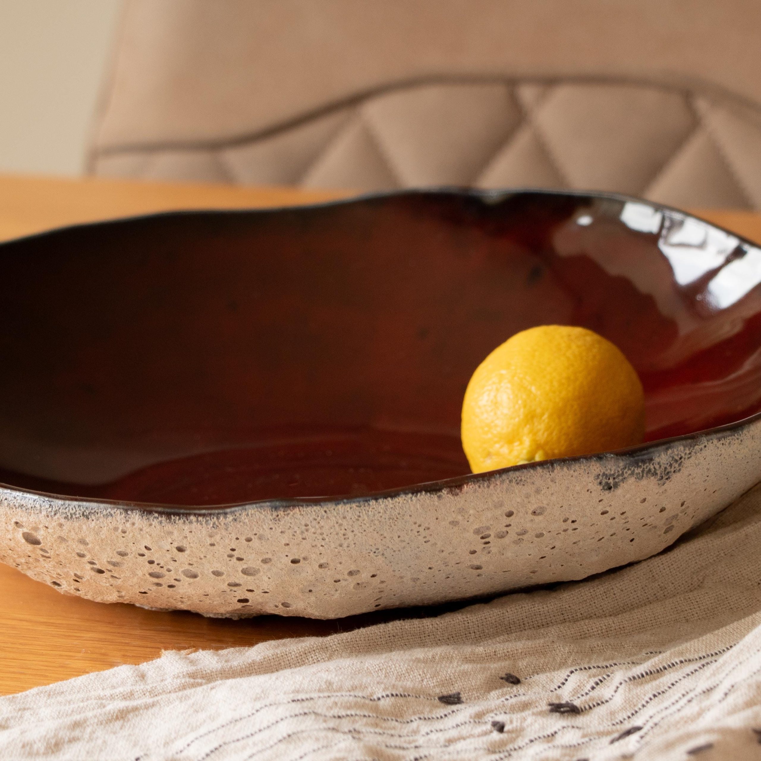 Handmade Brick Red asymmetric ceramic fruit bowl - Image 7