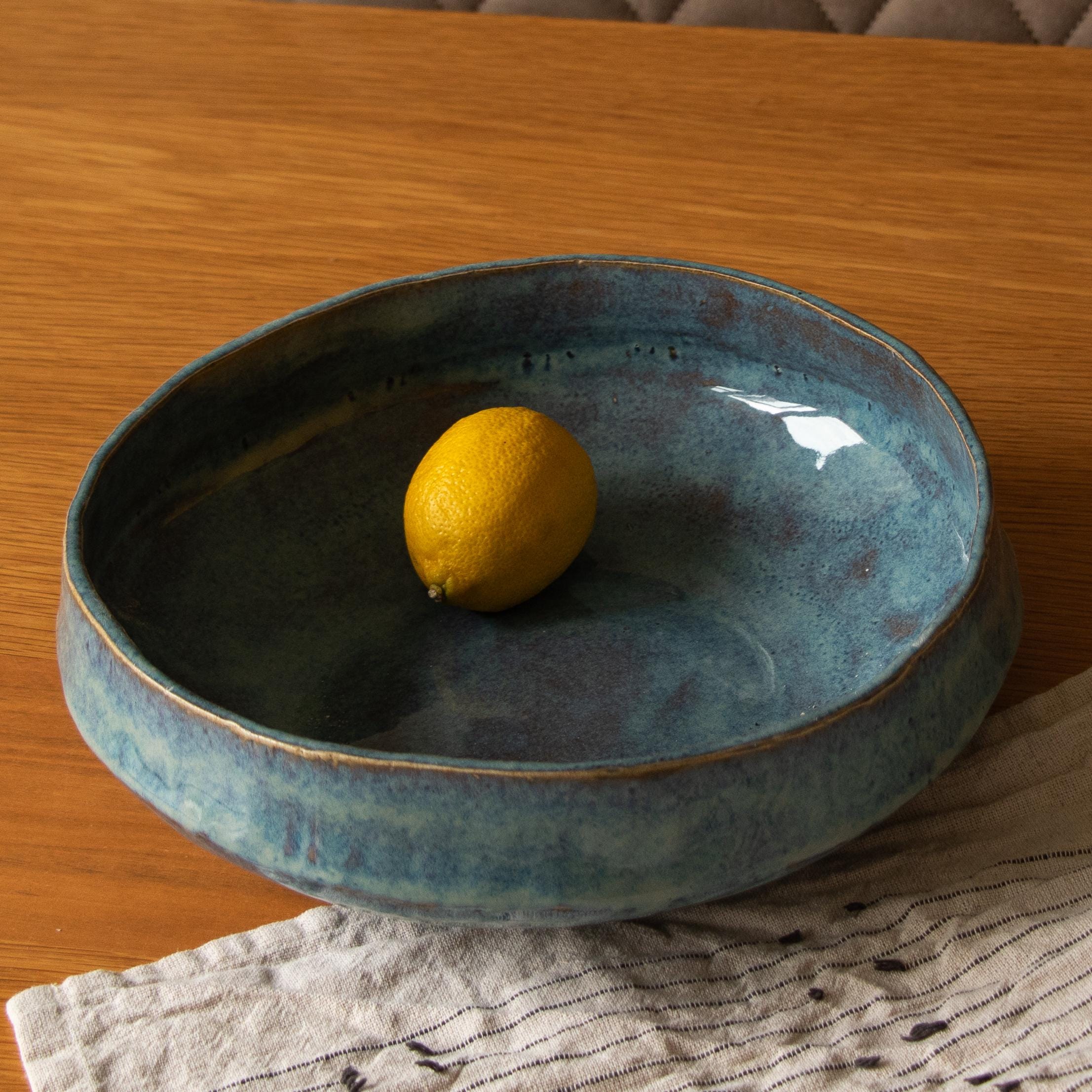 Handmade Blue Rutile Large asymmetric Rustic Ceramic Fruit Bowl - Image 5