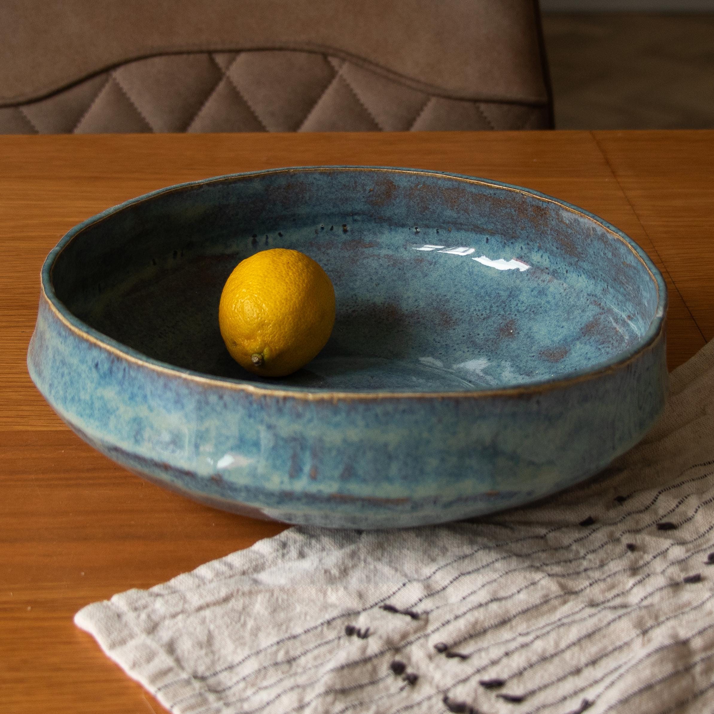 Handmade Blue Rutile Large asymmetric Rustic Ceramic Fruit Bowl