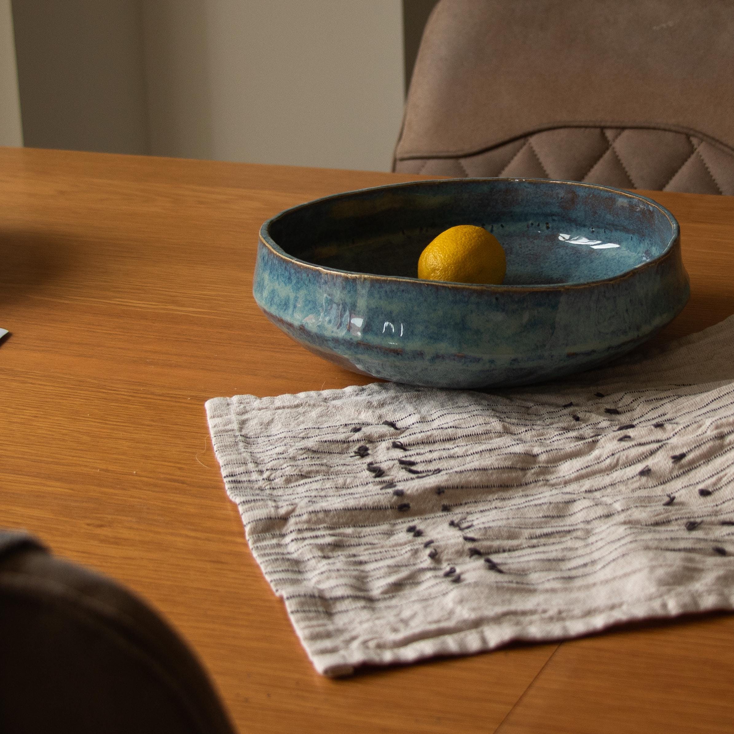 Handmade Blue Rutile Large asymmetric Rustic Ceramic Fruit Bowl - Image 10