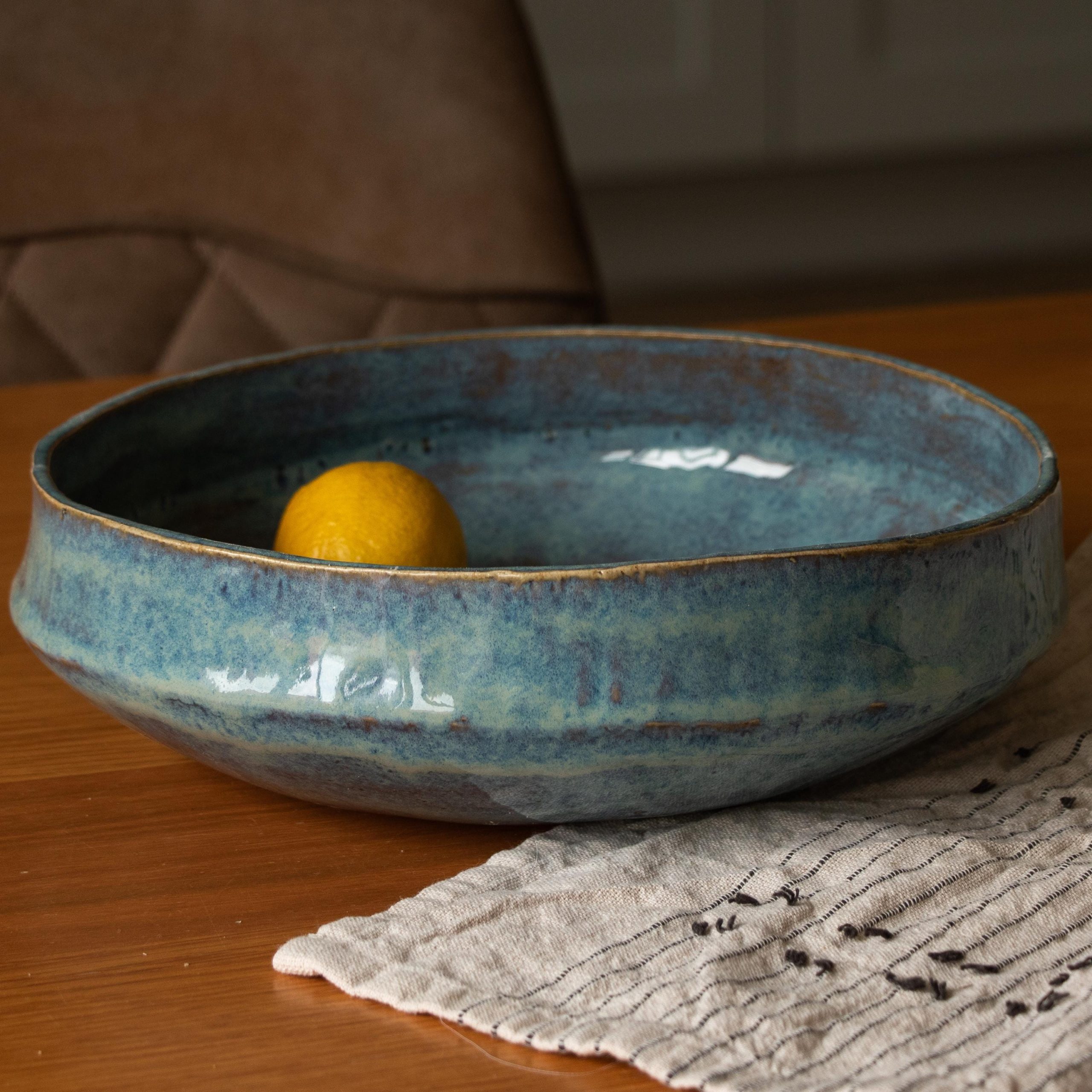 Handmade Blue Rutile Large asymmetric Rustic Ceramic Fruit Bowl - Image 2