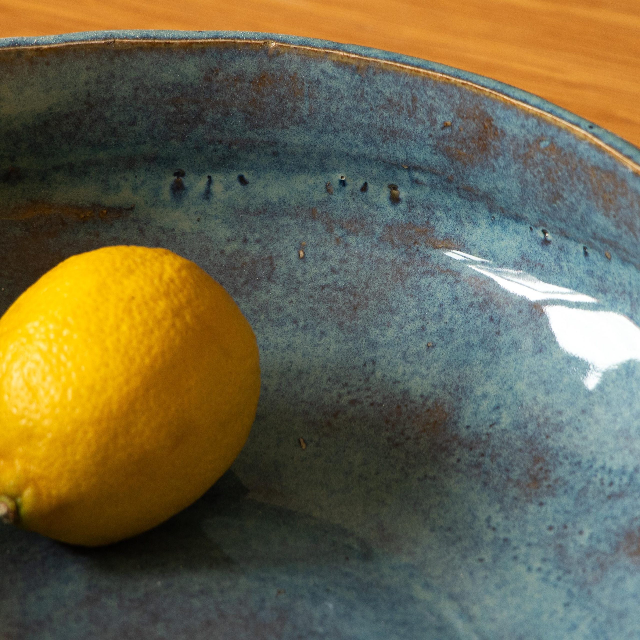 Handmade Blue Rutile Large asymmetric Rustic Ceramic Fruit Bowl - Image 6