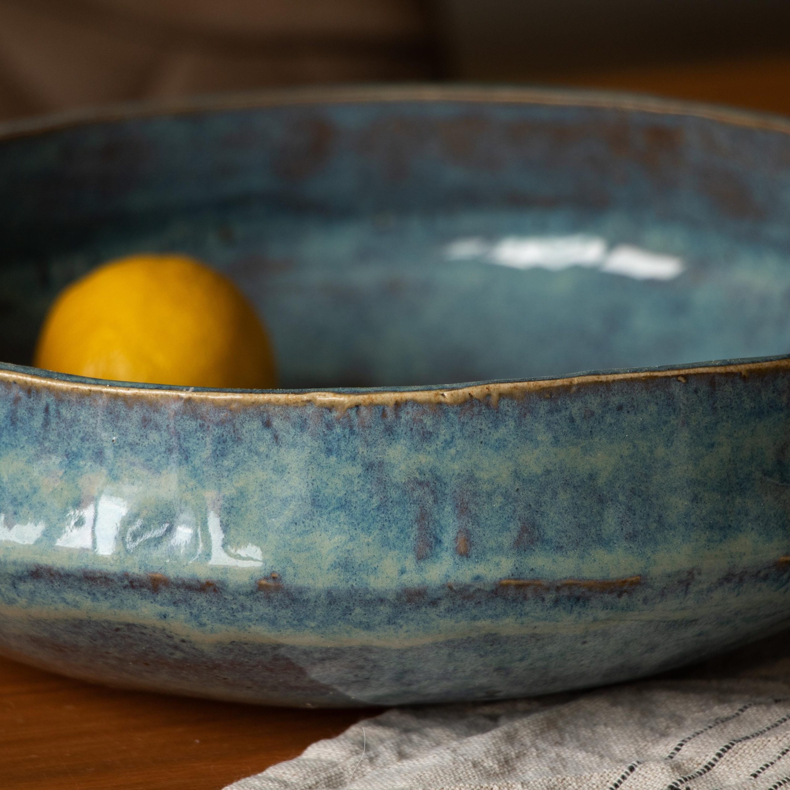 Handmade Blue Rutile Large asymmetric Rustic Ceramic Fruit Bowl - Image 3