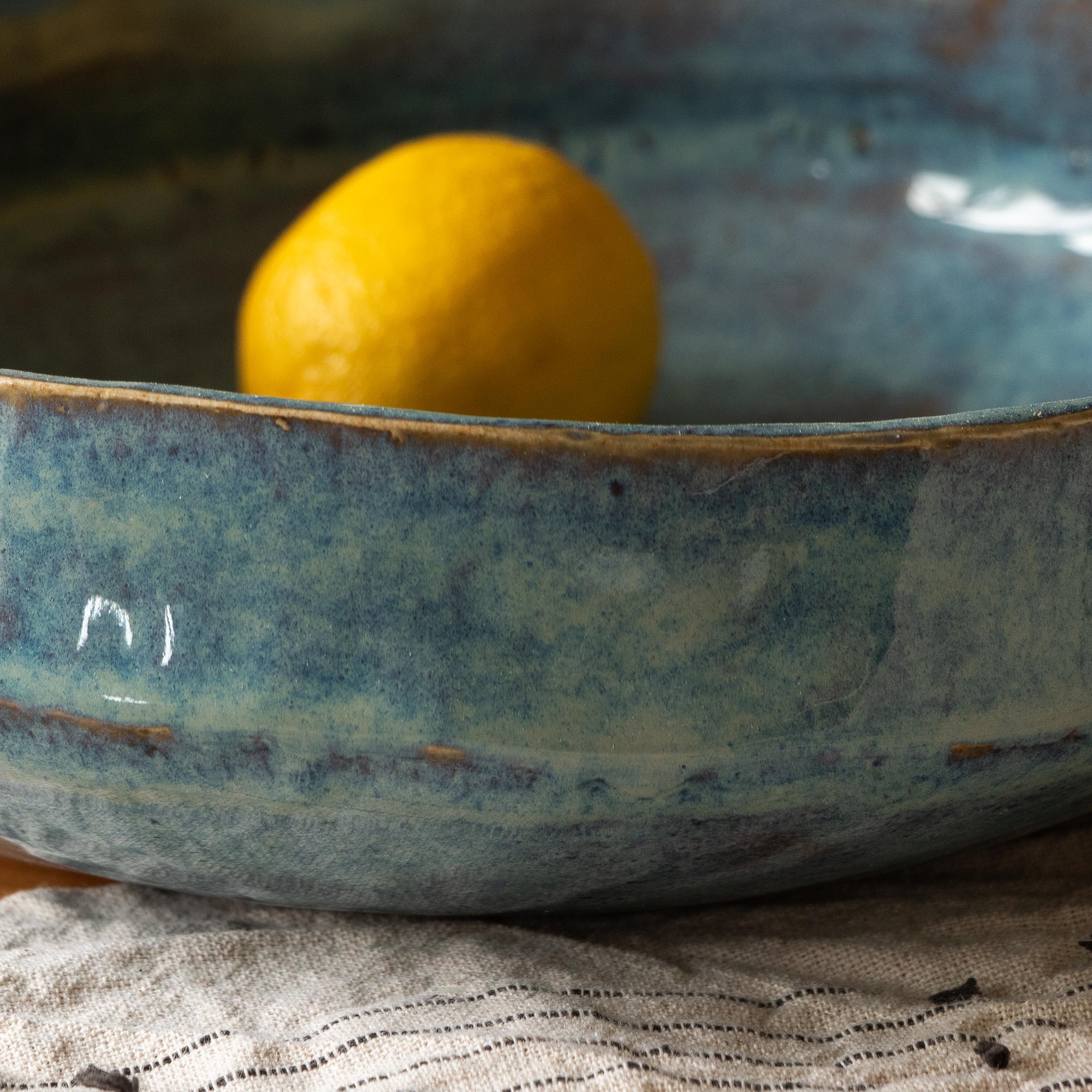 Handmade Blue Rutile Large asymmetric Rustic Ceramic Fruit Bowl - Image 9