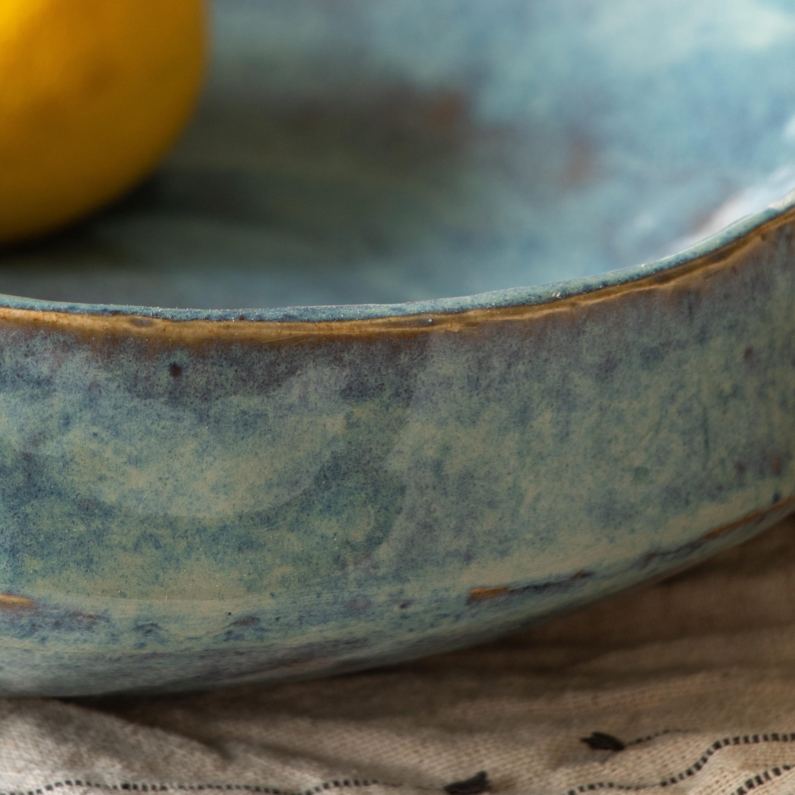 Handmade Blue Rutile Large asymmetric Rustic Ceramic Fruit Bowl - Image 8