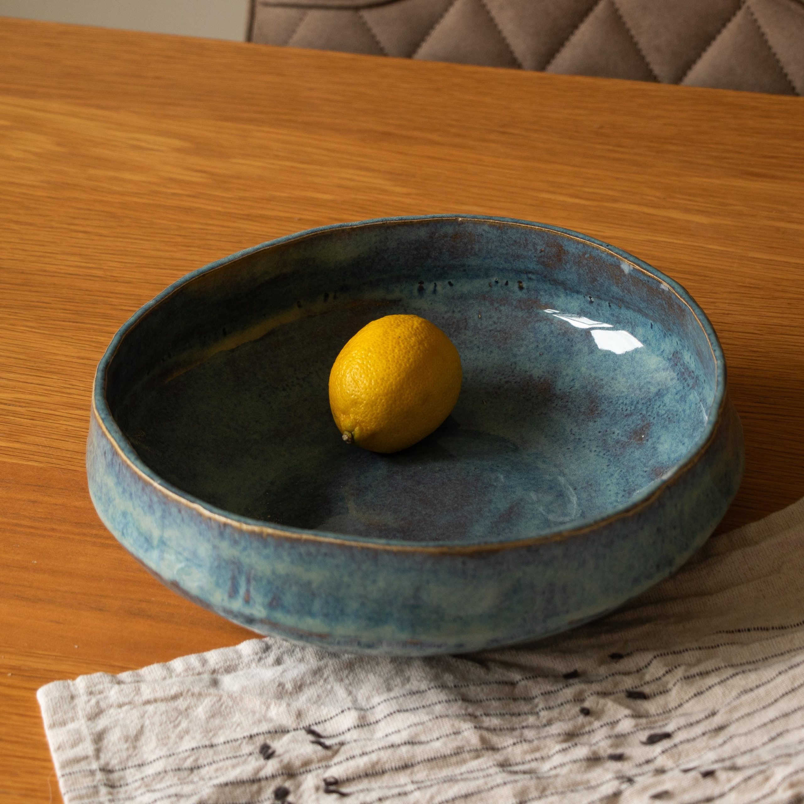 Handmade Blue Rutile Large asymmetric Rustic Ceramic Fruit Bowl - Image 7